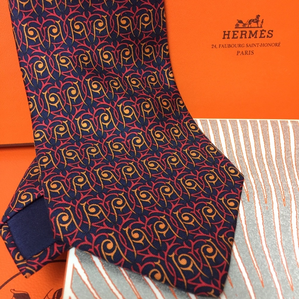 Hermes Navy Blue, Gold and Red Patterned Silk Tie